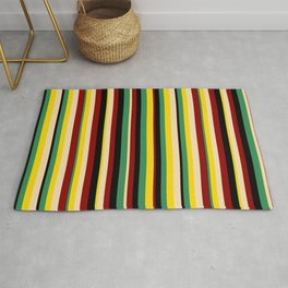 [ Thumbnail: Sea Green, Yellow, Tan, Dark Red, and Black Colored Lines Pattern Rug ]