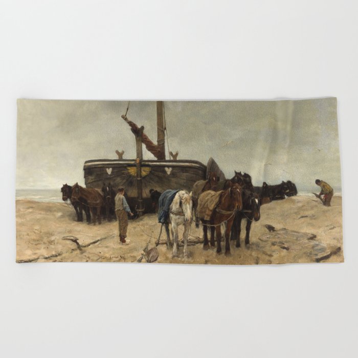 Anton Mauve - Fishing boat on the beach, 1882 Beach Towel by Vintage Wall  Art