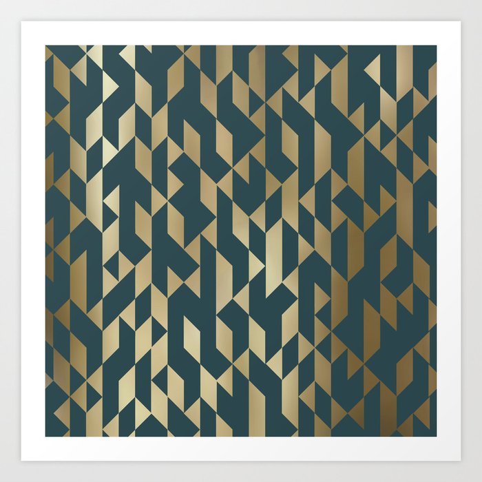Abstract Geometric Pattern in Teal and Gold Art Print