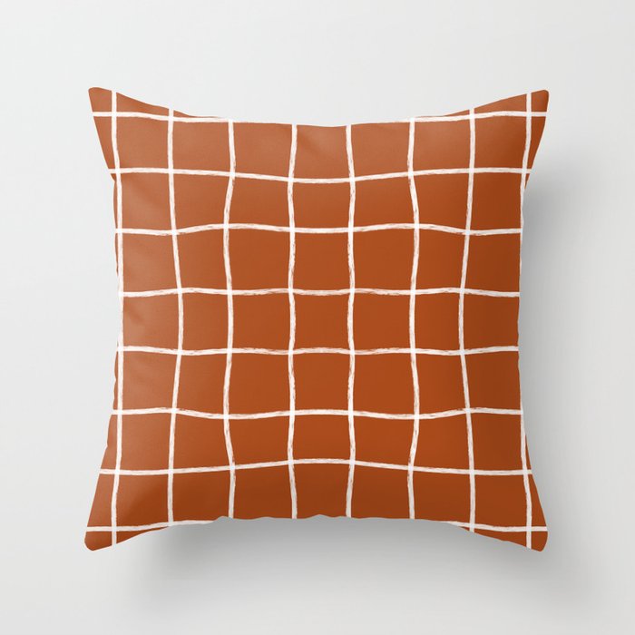 Hand Drawn Windowpane Textured Grid (white/burnt orange) Throw Pillow