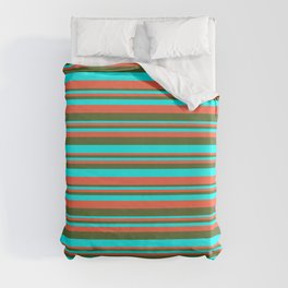 [ Thumbnail: Red, Dark Olive Green & Aqua Colored Lined Pattern Duvet Cover ]