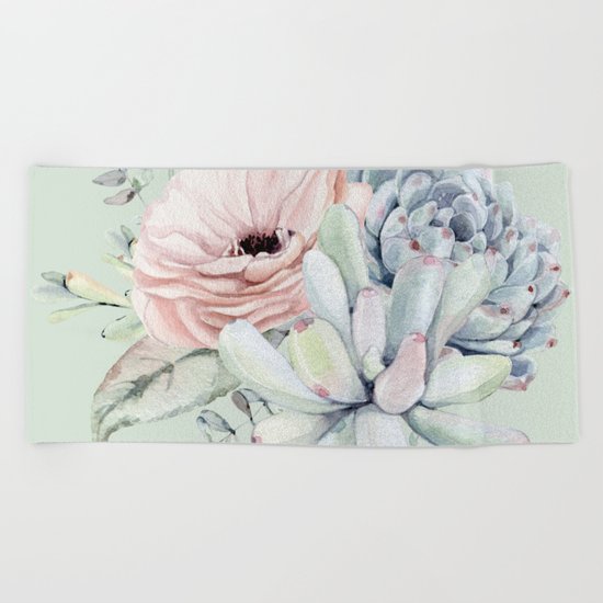 Delightful Mint + Pink Succulents Beach Towel