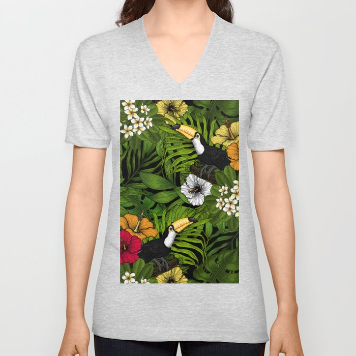 Toucans and tropical flora, green, yellow, red and orange V Neck T Shirt