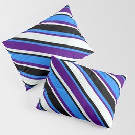 [ Thumbnail: Blue, Indigo, Mint Cream, and Black Colored Lined/Striped Pattern Pillow Sham ]