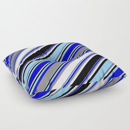 [ Thumbnail: Light Sky Blue, Blue, Gray, White, and Black Colored Striped Pattern Floor Pillow ]