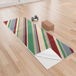 [ Thumbnail: Vibrant Light Slate Gray, Tan, Sea Green, Bisque, and Maroon Colored Lines Pattern Yoga Towel ]