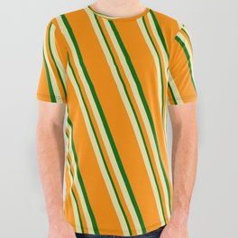 [ Thumbnail: Pale Goldenrod, Dark Orange, and Dark Green Colored Lined Pattern All Over Graphic Tee ]