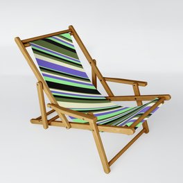 [ Thumbnail: Eye-catching Green, Black, Dark Olive Green, Light Yellow, and Slate Blue Colored Stripes Pattern Sling Chair ]