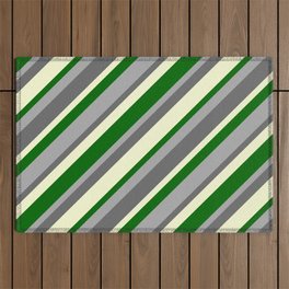 [ Thumbnail: Dark Green, Dark Gray, Dim Gray & Light Yellow Colored Lined/Striped Pattern Outdoor Rug ]