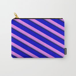 [ Thumbnail: Blue, Violet, Slate Blue, and Black Colored Lines Pattern Carry-All Pouch ]