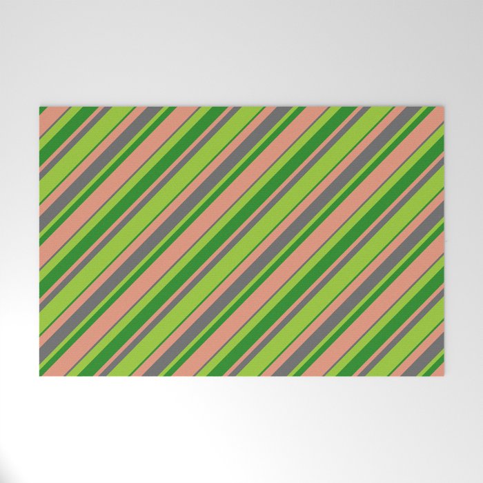 Green, Forest Green, Dark Salmon, and Dim Gray Colored Striped/Lined Pattern Welcome Mat