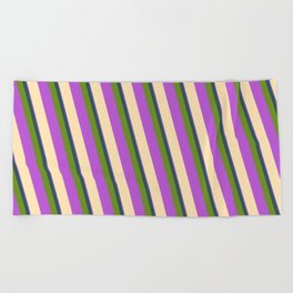 [ Thumbnail: Colorful Slate Blue, Dark Slate Gray, Green, Orchid & Beige Colored Striped Pattern Beach Towel ]