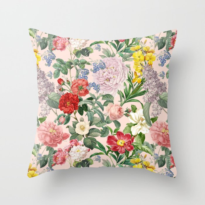VINTAGE GARDEN  Botanical Illustration Collage  - Pink  Throw Pillow