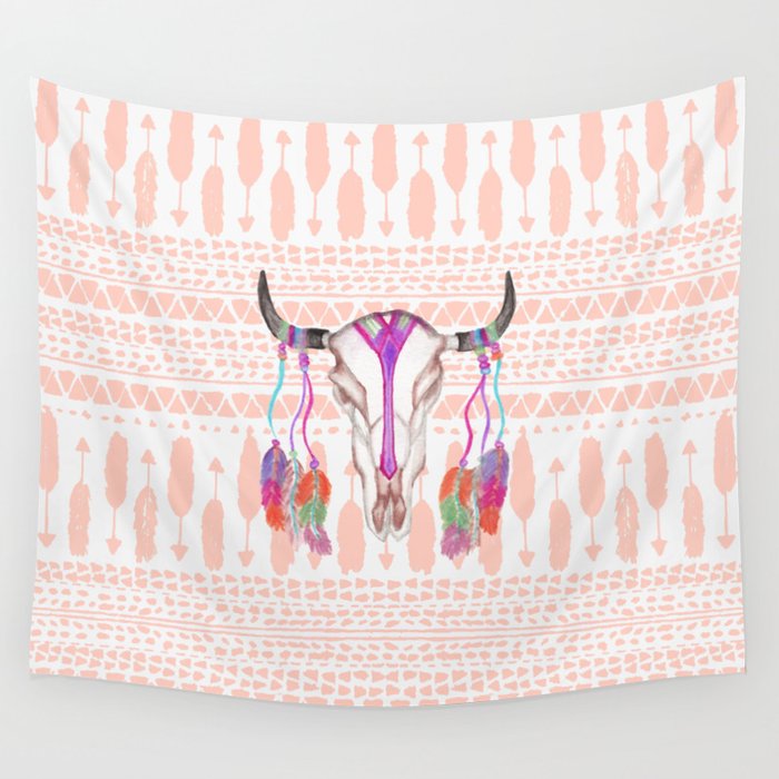 Watercolor Bull Skull Feathers and Arrow Aztec Wall Tapestry