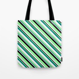 [ Thumbnail: Green, Teal, Mint Cream & Black Colored Lined Pattern Tote Bag ]