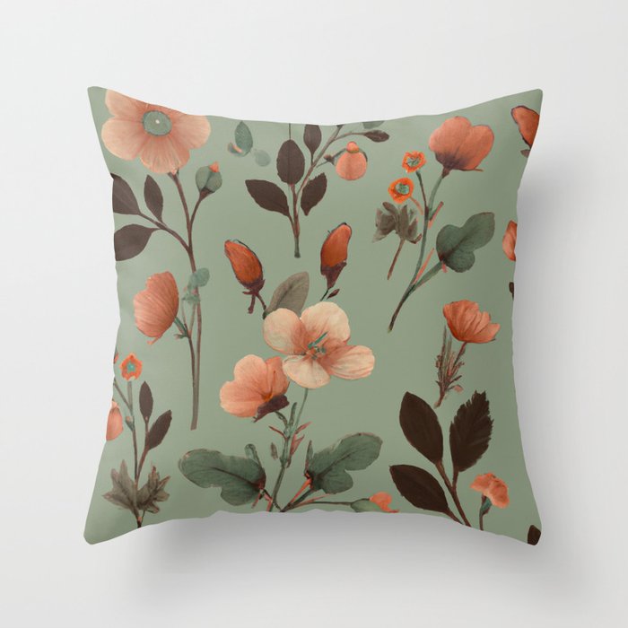Sage Green Floral Pattern Throw Pillow