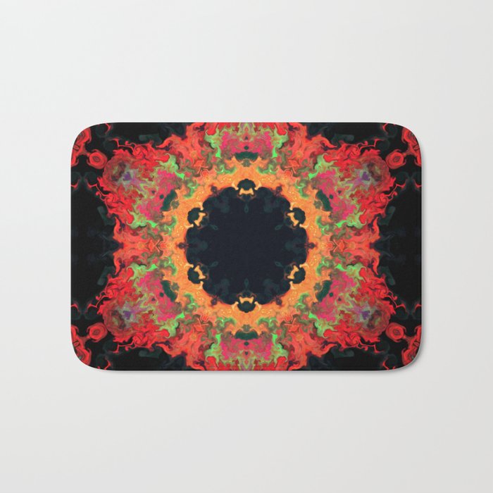 Psychedelic Kaleidoscope Flower Red Orange and Green Bath Mat
