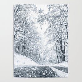 Winter forest snow road. Forest road winter snow view. Poster