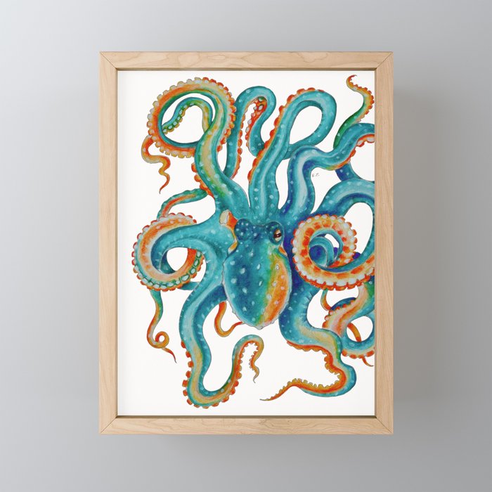 Octopus Teal Watercolor Ink Framed Mini Art Print