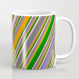 [ Thumbnail: Colorful Light Pink, Dim Grey, Purple, Dark Orange & Green Colored Stripes Pattern Coffee Mug ]