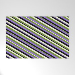[ Thumbnail: Green, Purple, Black & Beige Colored Lined Pattern Welcome Mat ]