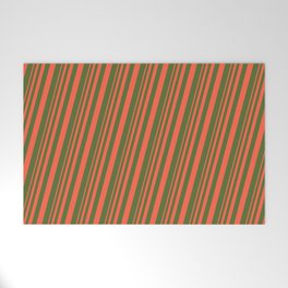 [ Thumbnail: Red and Dark Olive Green Colored Stripes Pattern Welcome Mat ]