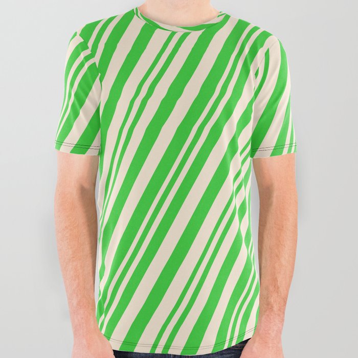 Lime Green & Beige Colored Stripes/Lines Pattern All Over Graphic Tee