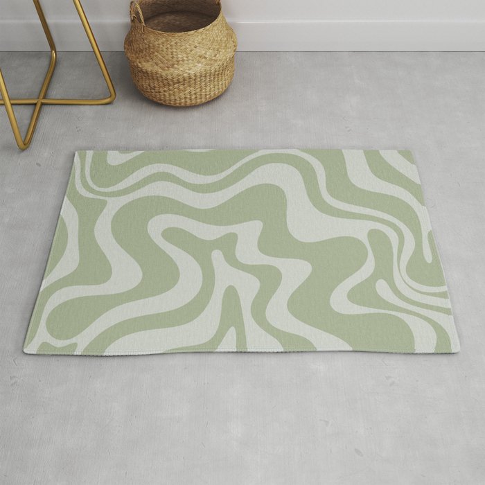 Liquid Swirl Retro Abstract Pattern in Sage Green and Light Sage Gray Rug