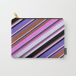 [ Thumbnail: Vibrant Violet, Lavender, Black, Slate Blue, and Sienna Colored Lines/Stripes Pattern Carry-All Pouch ]