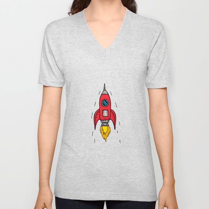 Vintage Rocket Ship Blasting Off Drawing V Neck T Shirt