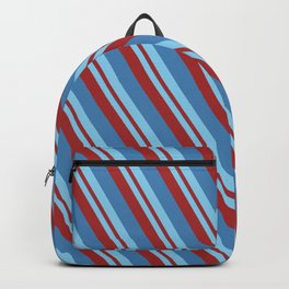 [ Thumbnail: Sky Blue, Brown & Blue Colored Striped/Lined Pattern Backpack ]