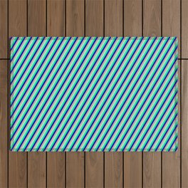 [ Thumbnail: Tan, Turquoise, Green, and Blue Colored Lined Pattern Outdoor Rug ]