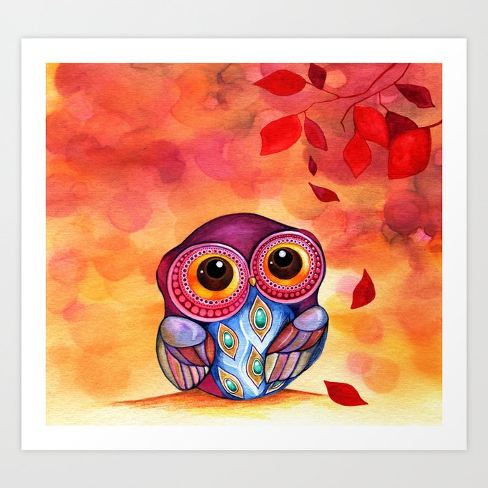 Owl's First Fall Leaf Art Print
