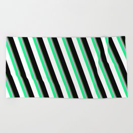 [ Thumbnail: Colorful Forest Green, Plum, Green, White, and Black Colored Lines Pattern Beach Towel ]