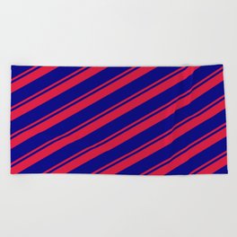 [ Thumbnail: Crimson and Blue Colored Lines/Stripes Pattern Beach Towel ]