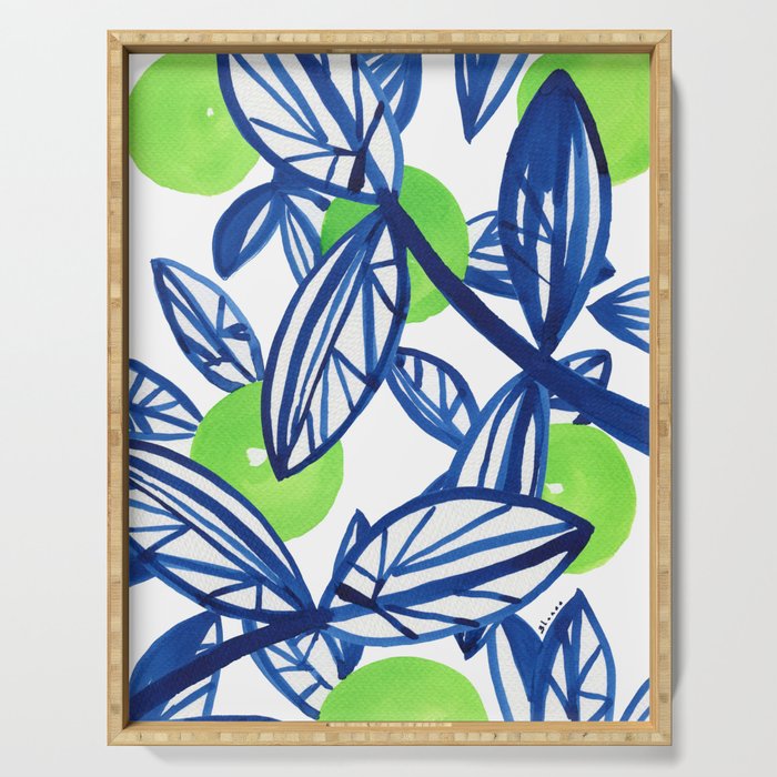 Blue and lime green abstract apple tree Serving Tray