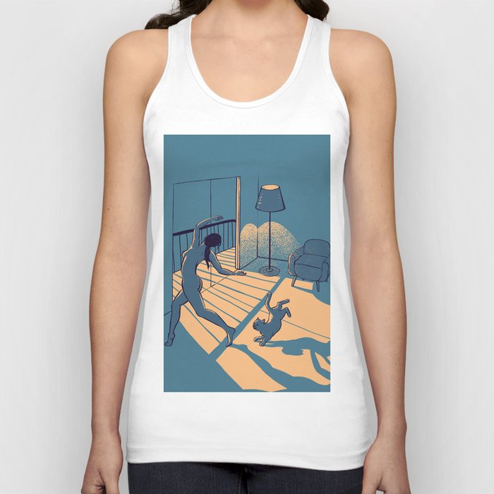 Dancing with the cat | Blue Moody sunset light and shadows Aesthetic room | Naked dance Femme Fatale Tank Top