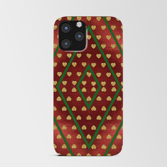 Gold Hearts on a Red Shiny Background with Green Diamond Lines iPhone Card Case