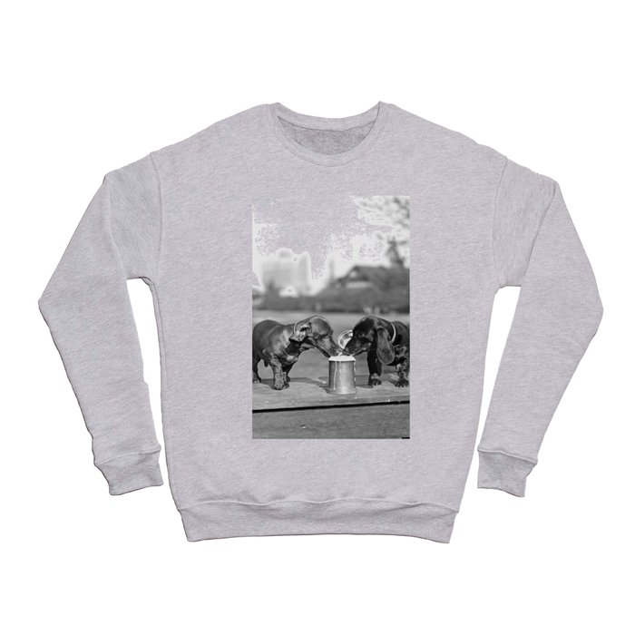 Two dogs and a beer; Dachshund siblings sharing a stein of beer on hot summer day funny humorous animal portrait photograph - photography - photographs Crewneck Sweatshirt