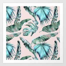 Tropical Palm Leaves Turquoise Green Coral Pink Art Print