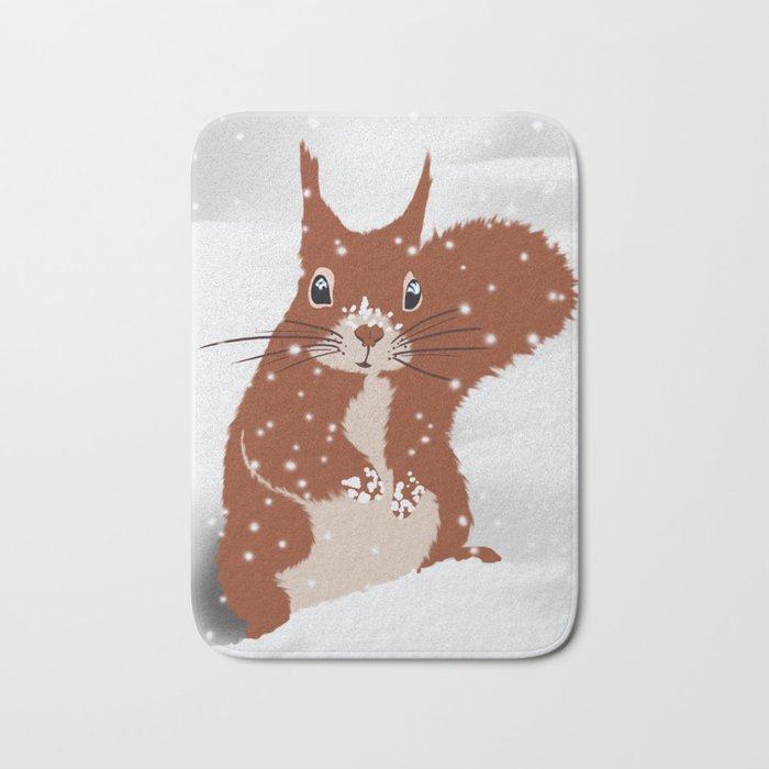 Red squirrel in the winter snow with white snowflakes cute home decor nursery drawing Bath Mat