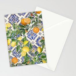 Sicilian Citrus, Mediterranean tiles & vintage lemons & orange fruit pattern Stationery Card
