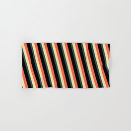 [ Thumbnail: Red, Pale Goldenrod, Dark Slate Gray, and Black Colored Lines Pattern Hand & Bath Towel ]