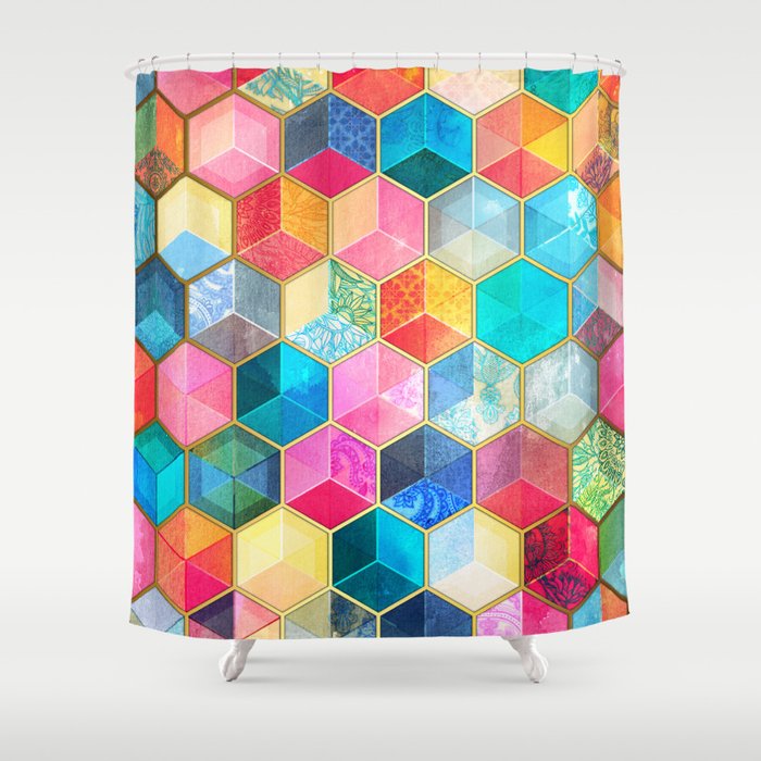 Crystal Bohemian Honeycomb Cubes - colorful hexagon pattern Shower Curtain