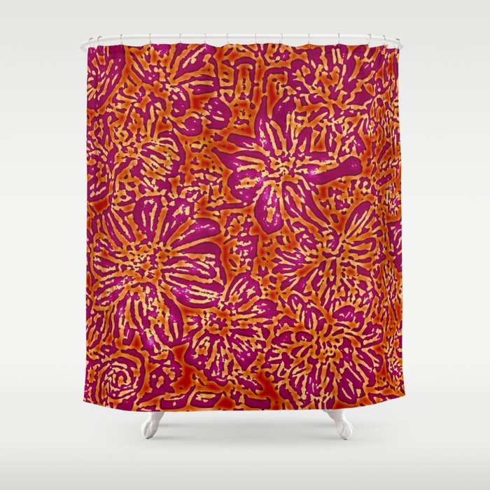 Marigold Lino Cut Batik Red And Purple Shower Curtain By