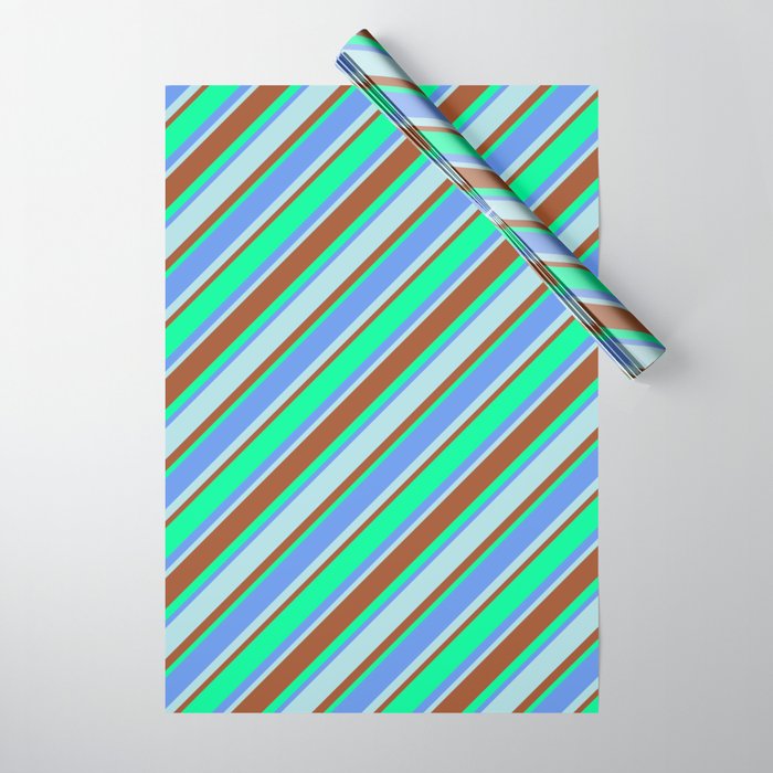 Cornflower Blue, Powder Blue, Sienna & Green Colored Striped Pattern Wrapping Paper