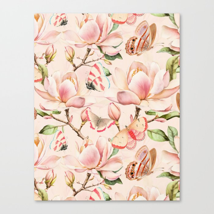 Blush Pink Vintage Magnolia And Butterfly Garden Canvas Print