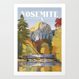 Yosemite - Half Dome Art Print | Fall, Digital, Halfdome, Sunshine, Trees, Nationalpark, Drawing, Yosemite, California, River 