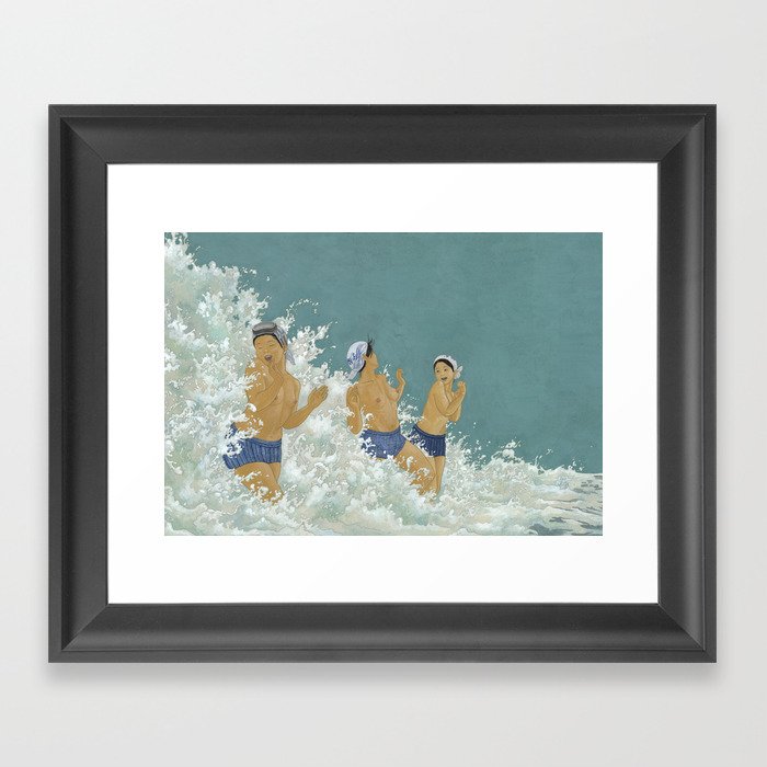 Three Ama Enveloped In A Crashing Wave Framed Art Print