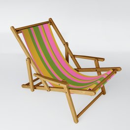 [ Thumbnail: Green, Goldenrod & Hot Pink Colored Lined Pattern Sling Chair ]